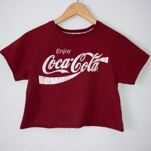 Coca Cola Crimson Red Cropped Short Sleeve Graphic Sweatshirt - Juniors size XS